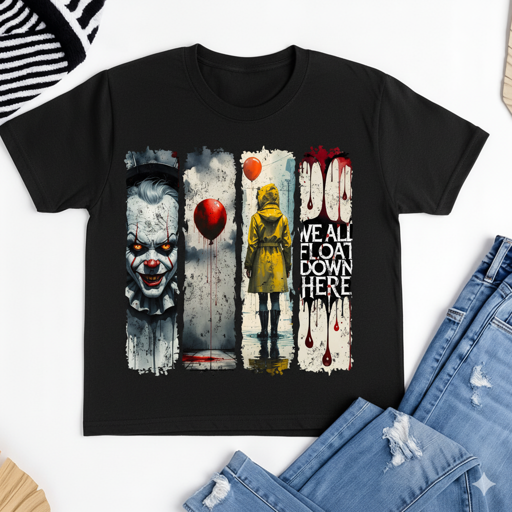 We All Float Down Here T-Shirt, Horror inspired Shirt Design, Georgie Red Balloon Sublimation, Halloween Movie Shirt– Unisex Y2K Style Kids & Adult Sizes